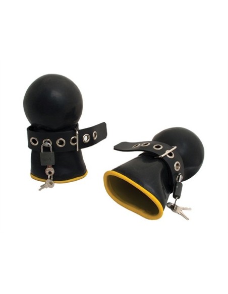 Rubber Lockable Bondage Mittens Black-Yellow S